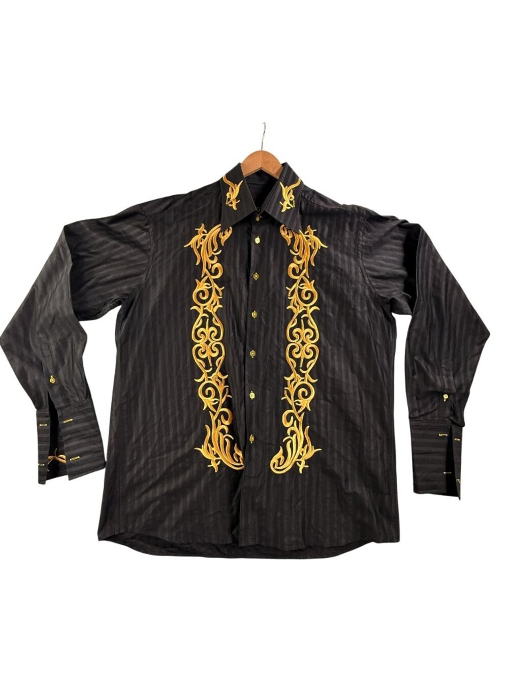 Axxess Dress Shirt Mens 2XL Black Striped Gold Embroidered Baroque Flip Cuff